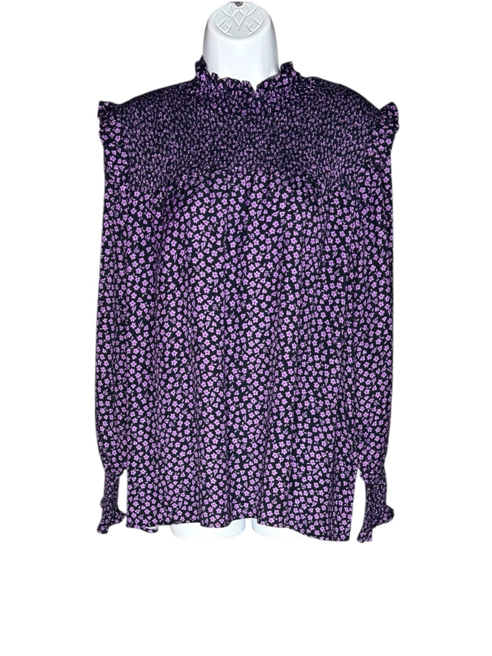 NWT Barbour Midhurst Floral Smocked Ruffle Mock Neck Top Purple and Black